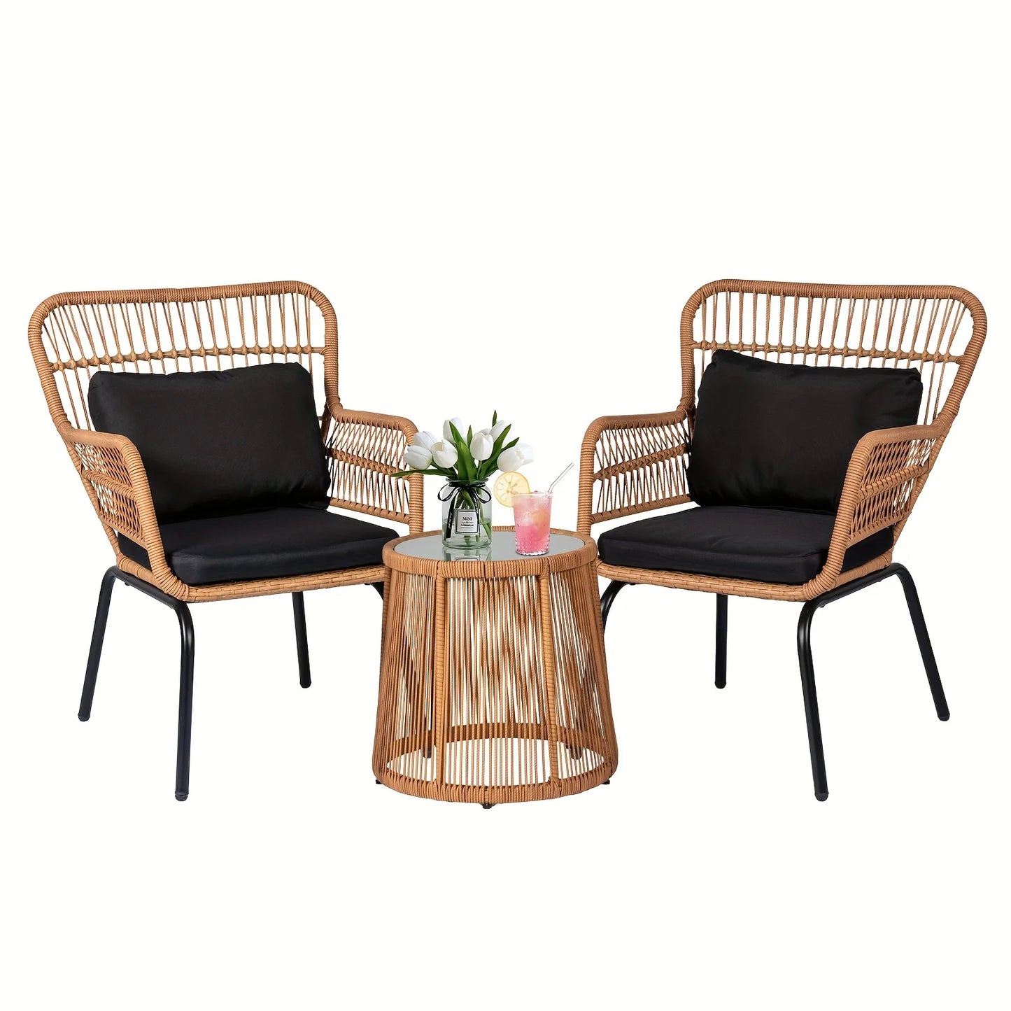 Boho-Inspired 3-Piece Outdoor Patio Set: Wicker Conversation Chairs with Beige Cushions + Round Tempered Glass Side Table — Lightweight, Weather-Resistant Design for Garden, Balcony, Deck or Porch Use