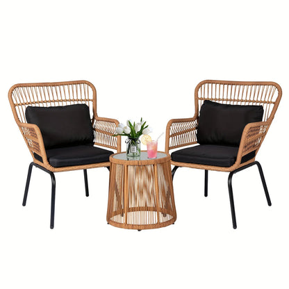 Boho-Inspired 3-Piece Outdoor Patio Set: Wicker Conversation Chairs with Beige Cushions + Round Tempered Glass Side Table — Lightweight, Weather-Resistant Design for Garden, Balcony, Deck or Porch Use