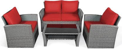 4 Pieces Patio Rattan Furniture Set, Outdoor Wicker Sofa Set with Tempered Glass Coffee Table, Cushions, All Weather Rattan Con