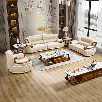New Chinese style, leather, sofa, combination, all solid wood, luxury, living room