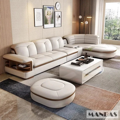 Luxury L-Shaped Genuine Leather Sectional Sofa Sets with USB, Bluetooth Speaker - MANBAS 9037B-1