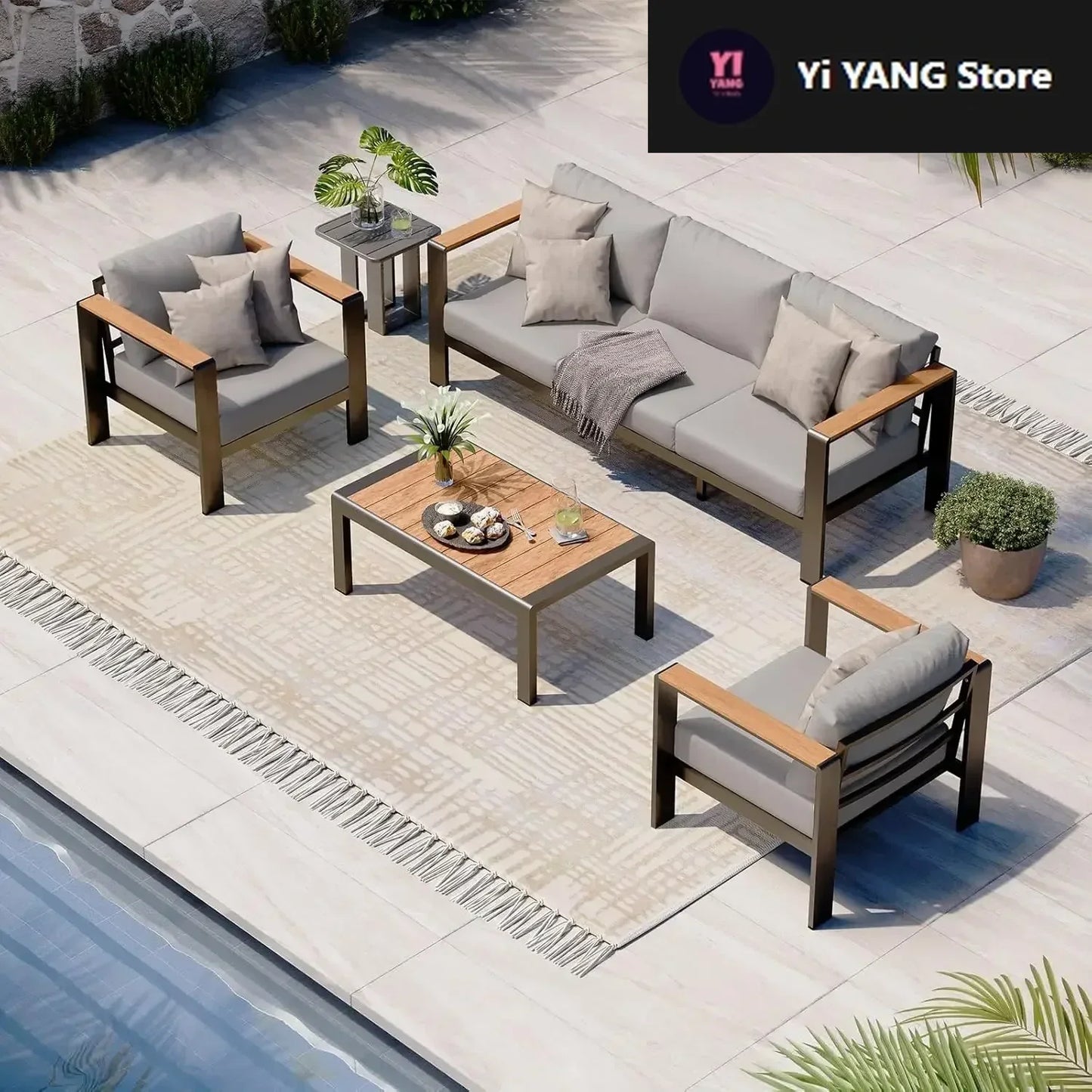 Aluminum Outdoor Patio Furniture Set with Coffee Table, Conversation Sets , Patio Sectional Set for Porch, Balcony, Deck, Gray
