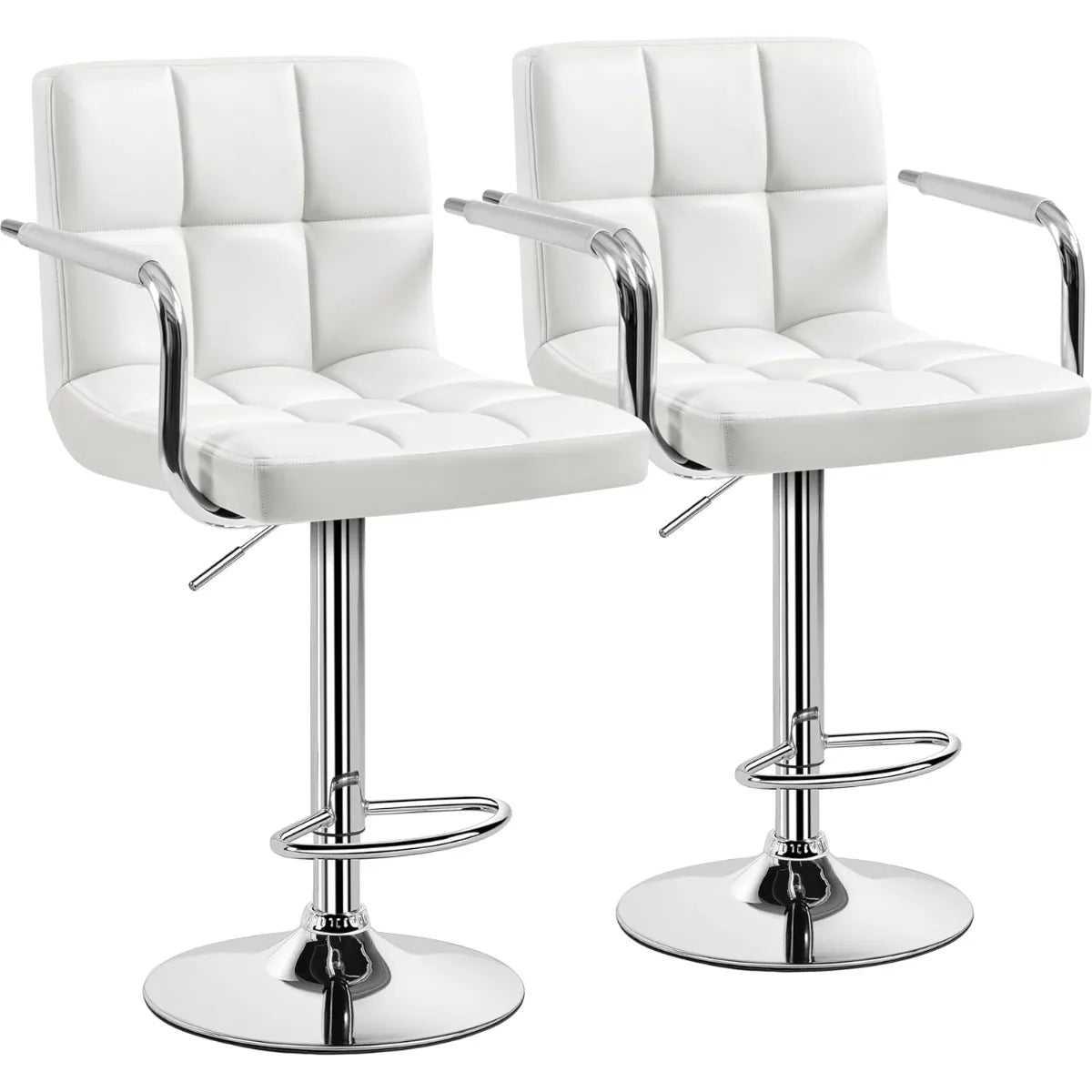 Lot de 2 tabourets de bar pivotants réglables, hauteur de comptoir hydraulique avec accoudoirs et dossier, cuir PU pour cuisine et bar, blanc