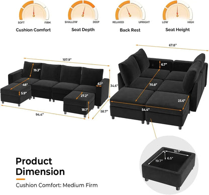Nordic 108" Sectional Sofa Black Modular Storage U Shaped Couch with Two, 6 Pieces Convertible, USB Chargers Armest