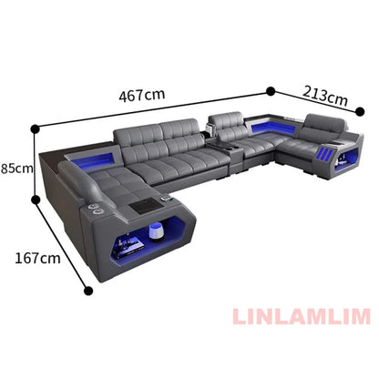 Modern Sectional Sofa Bed with LED Light, Electric Recliner and Massage | Living Room Genuine Leather Couch with Cup Holder, USB