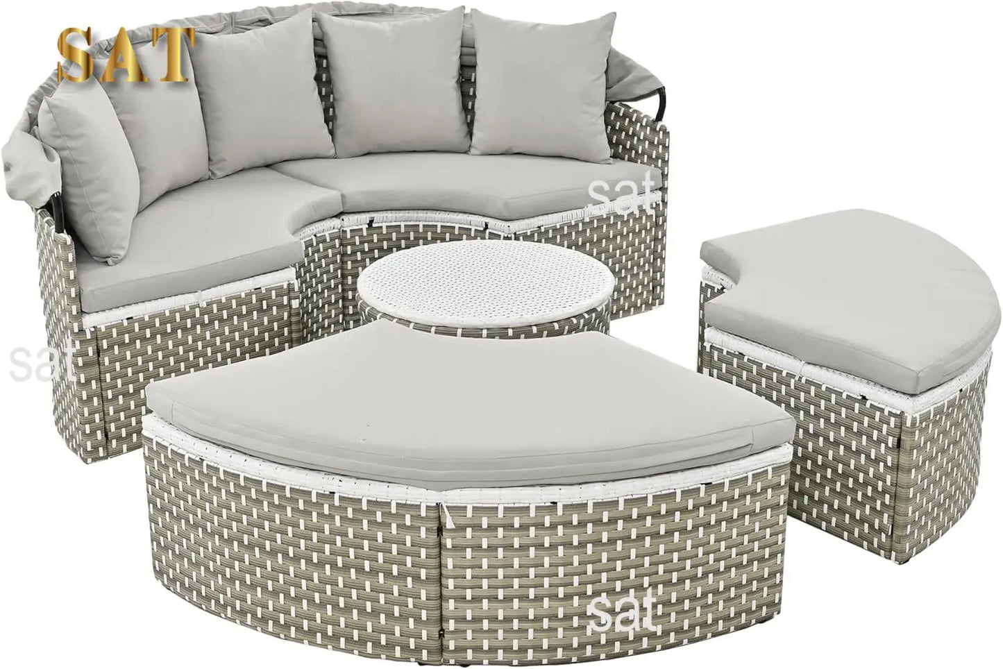 %a Patio Rattan Sunbed with Retractable Canopy, Round Outdoor Sectional Sofa Set with Separate Seating,liftable Table and Remov