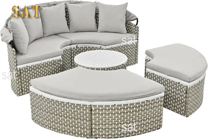 %a Patio Rattan Sunbed with Retractable Canopy, Round Outdoor Sectional Sofa Set with Separate Seating,liftable Table and Remov