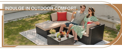 ts All Weather Outdoor Sectional Patio Sofa Manual Weaving Wicker Rattan Patio Seating Sofas with Cushion and Glass Table (Beige