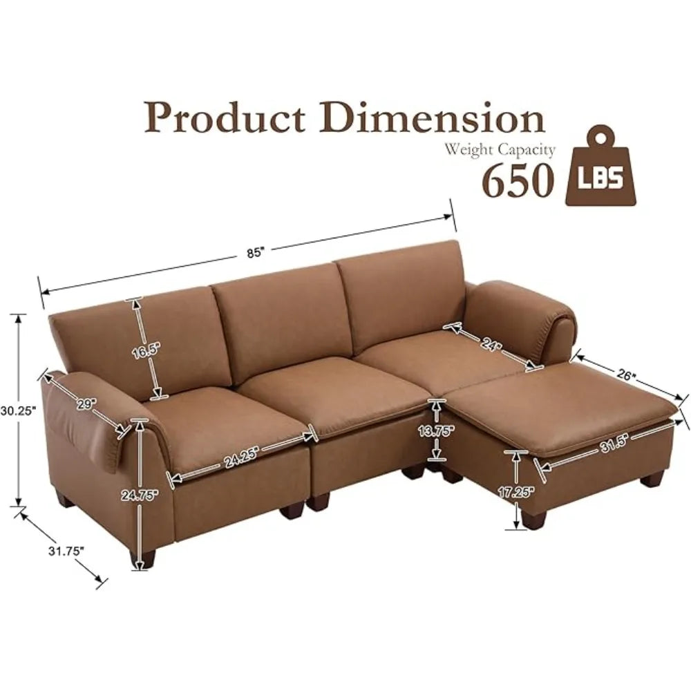 Modern Cloud Couch with Ottoman, 85 Inch Modular Sectional Sofa 3 Seat U Shaped with Waterfall Armrest Cushion Bac
