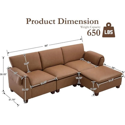 Modern Cloud Couch with Ottoman, 85 Inch Modular Sectional Sofa 3 Seat U Shaped with Waterfall Armrest Cushion Bac