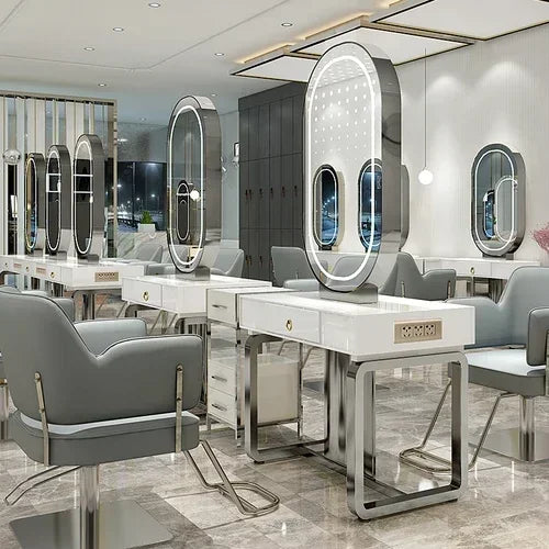 SS newBarber Shop Hair Salon Hair Salon with Socket Hot Dyeing with Light Stainless Steel Floor Dressing Table
