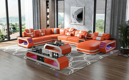 High Quality Luxury Design Leather Sectional Sofa Set with LED Light Genuine Leather Black Wholesale Living Room Furniture