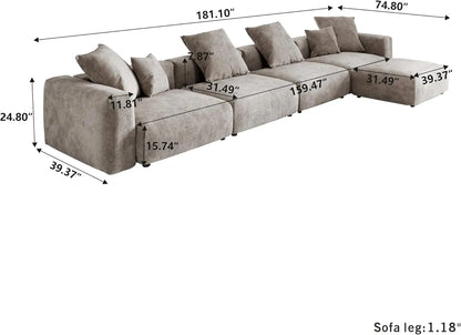 181" Oversized Compressed Sofa Boneless Couch Modular Sofas for Living Room Huge 4-Seats Sectional Couches with Chaise