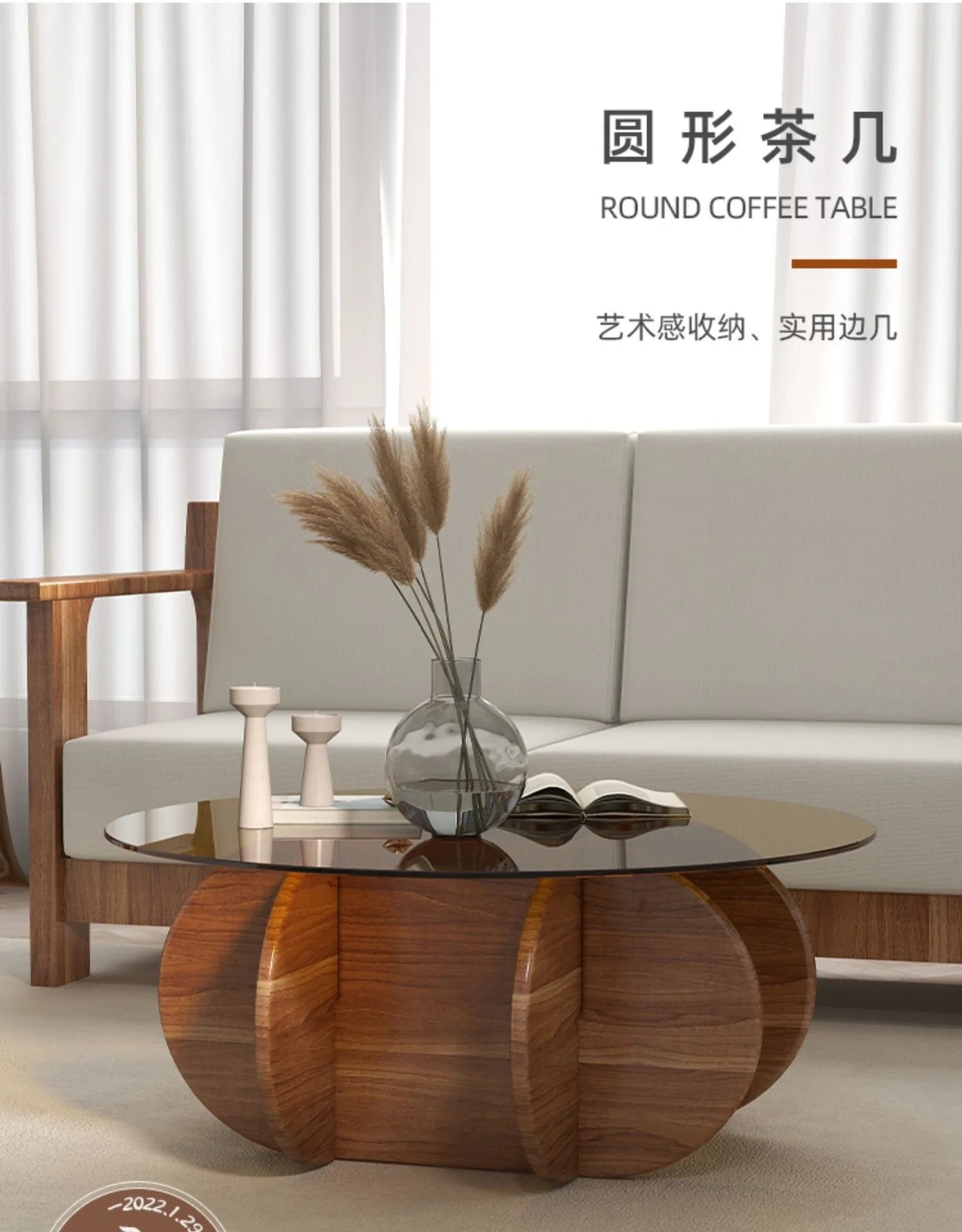 Table basse en verre de luxe légère, moderne, simple, petit appartement, salon, ronde, bois massif, maison, design créatif, table d'appoint de canapé