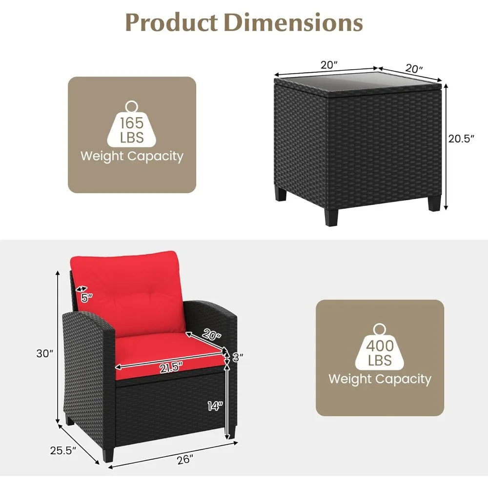 3 Pieces Patio Furniture Set, Rattan Conversation Set w/Soft Seat & Back Cushions, Tempered Glass Topped Coffee Table