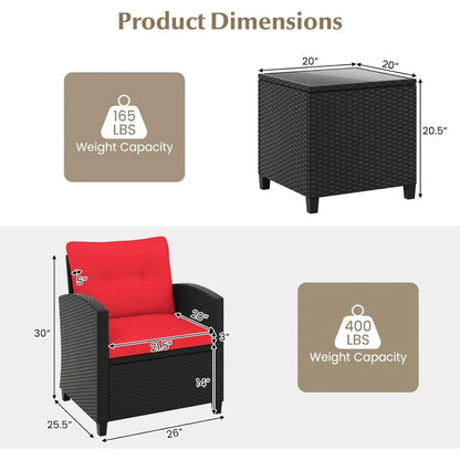 3 Pieces Patio Furniture Set, Rattan Conversation Set w/Soft Seat & Back Cushions, Tempered Glass Topped Coffee Table