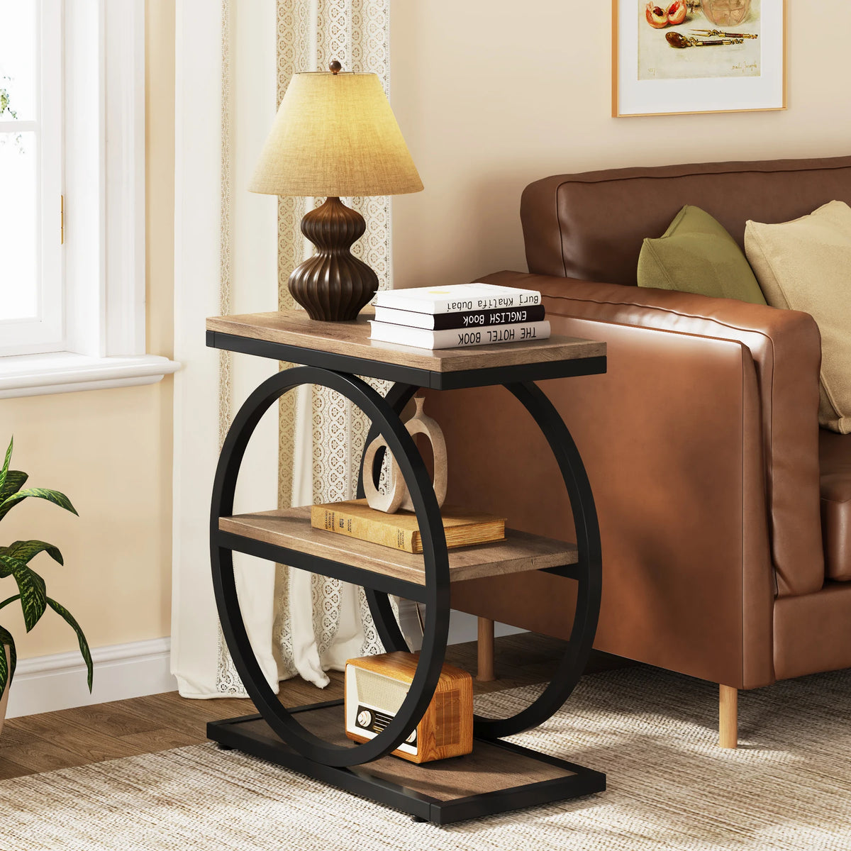 Tribesigns End Table, Narrow End Table with 3 Storage Shelves, Wood Side Table with Black Metal Frames, Industrial Sofa table