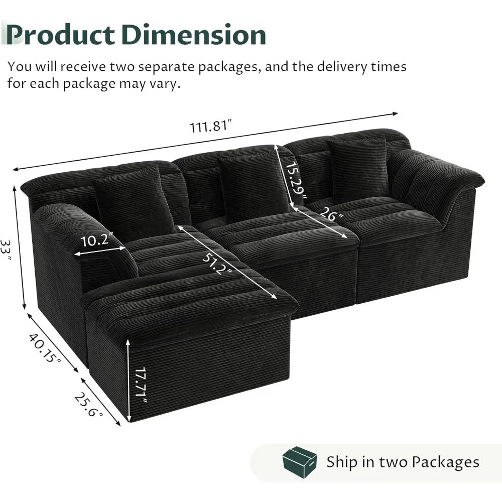 112" Modular Cloud Sectional Couch with Ottoman, Modern Upholstered Compressed Sofa with Deep Seat, Comfy L-Shape Corduroy Couch