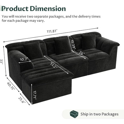 112" Modular Cloud Sectional Couch with Ottoman, Modern Upholstered Compressed Sofa with Deep Seat, Comfy L-Shape Corduroy Couch
