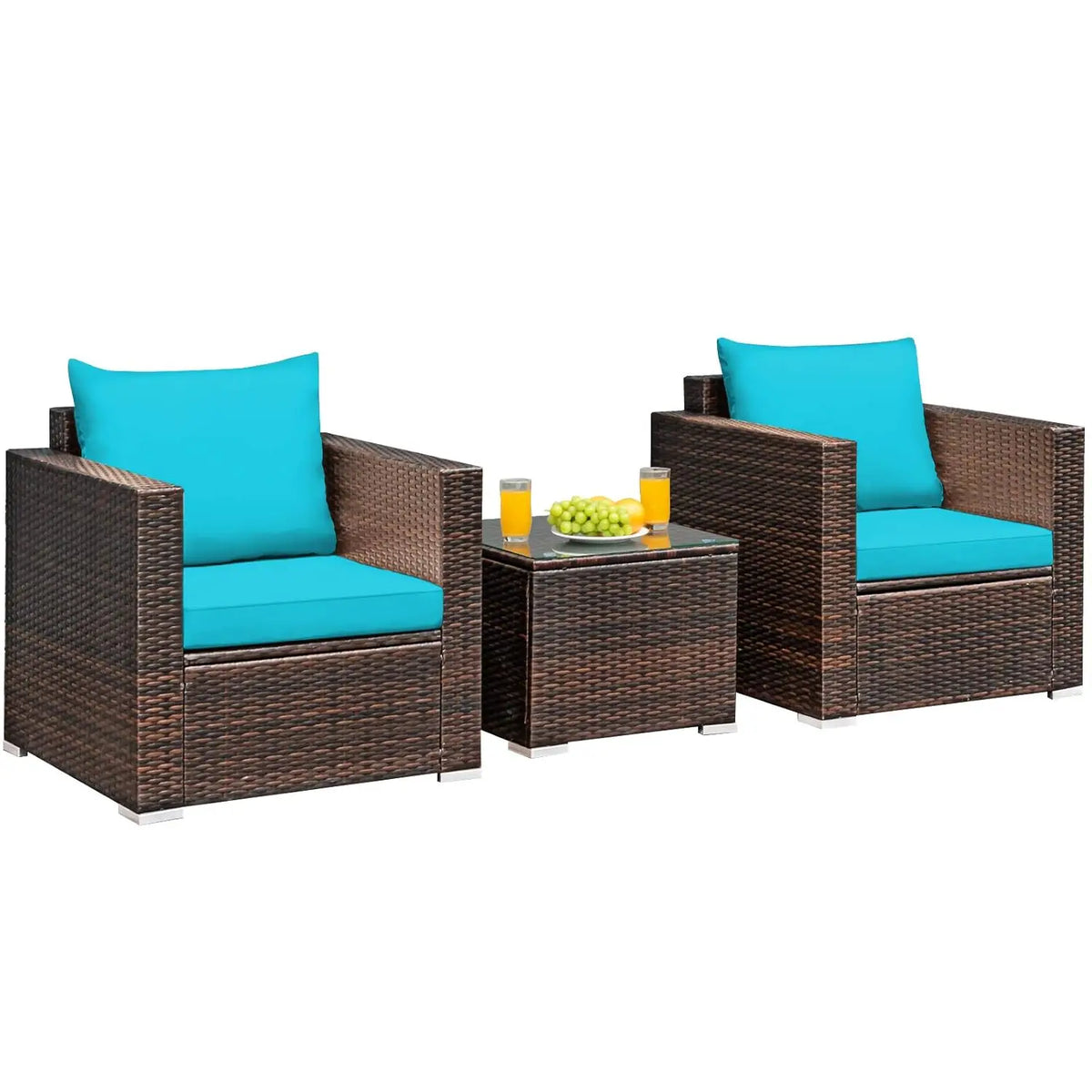 3 Pieces Patio Furniture Set, Outdoor Conversation Rattan Furniture Set w/Washable Cushion and Tempered Glass Tabletop, PE Ratta
