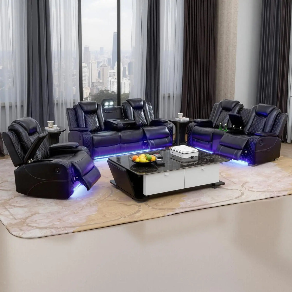 Power Living Room Furniture Sets,Electric Recliner Chair with LED Light,Sectional Sofa Loveseat with Wireless Charging