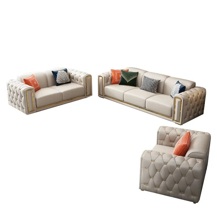 -Modern Luxury High-end Living Room Sofa Set Furniture Upholstered Full Leather Button Tufted Sofa Home