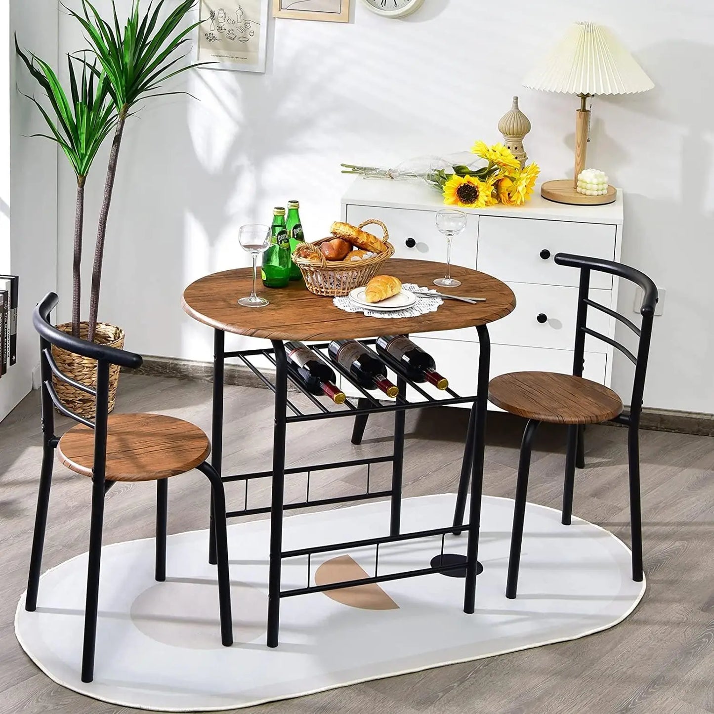 3 Piece Dining Table Set, Compact Table And 2 Chairs Set, W/Metal Frame And Storage Shelf, Breakfast Table Set For Apartment