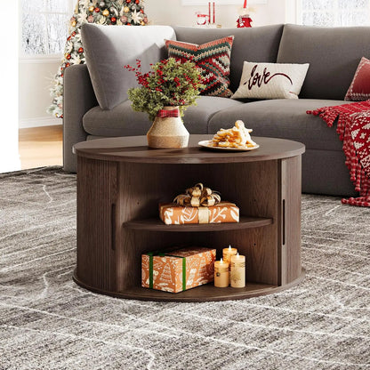 Round Coffee Table,31.5" Drum Coffee Table with Sliding Tambour Door,Fluted Accent Center Table with Storage,Modern Coffee Table