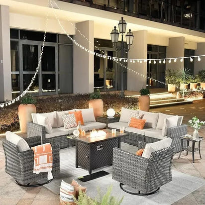Outdoor Patio Furniture Set with Fire Pit Table,Conversation Sectional Wicker Couch with Modern Outside Sofa  for Balcony