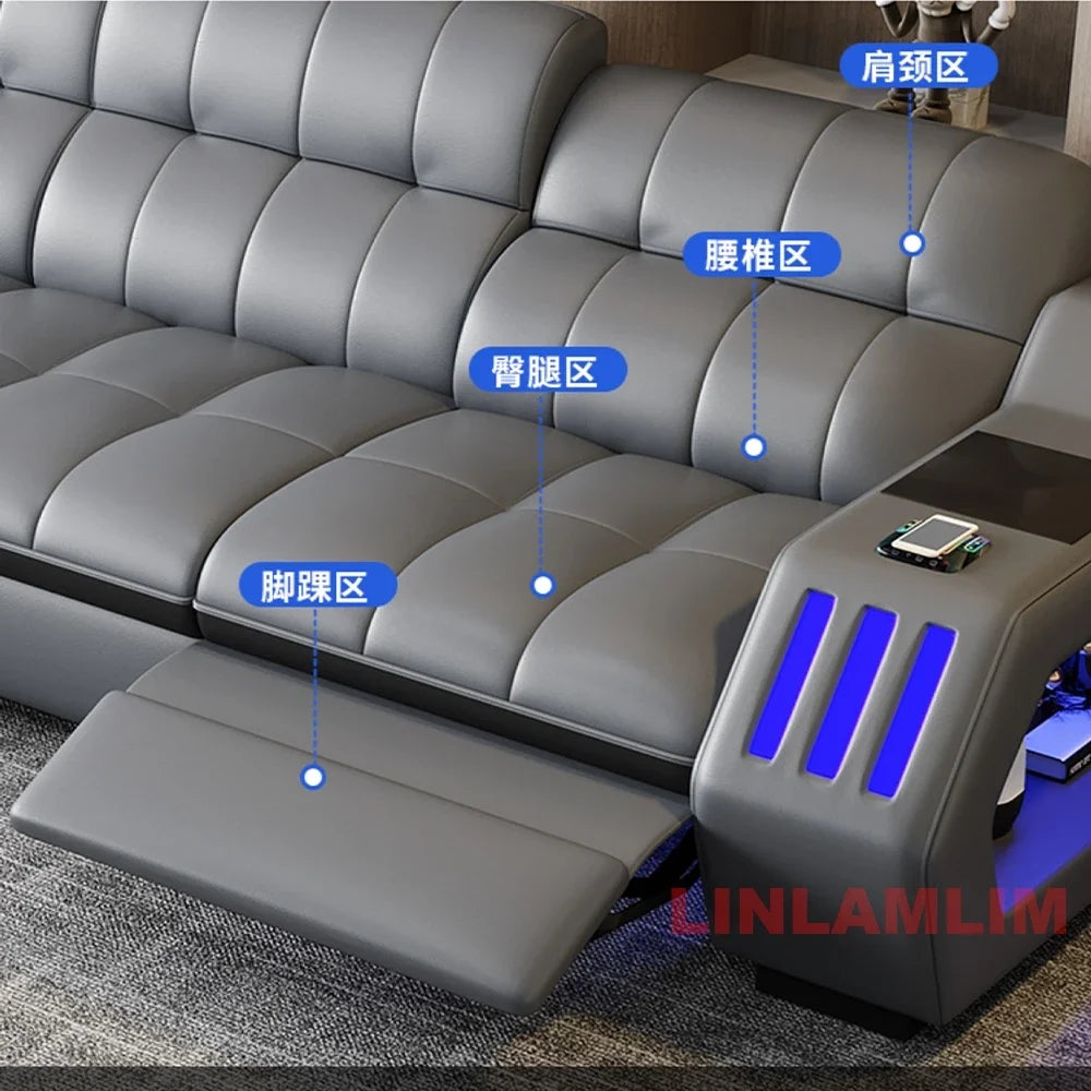 Modern Sectional Sofa Bed with LED Light, Electric Recliner and Massage | Living Room Genuine Leather Couch with Cup Holder, USB