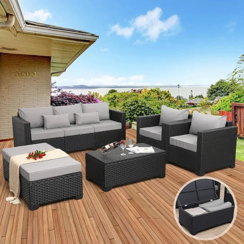 6 Piece Outdoor Wicker Furniture Set with Grey Cushions for Patio Conversation