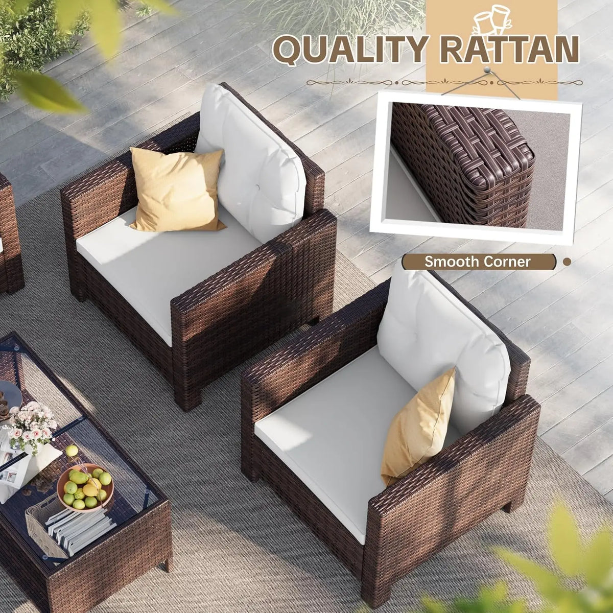 4-Piece Rattan Patio Furniture Set with Cushions and Glass Table for Outdoor Indoor Use