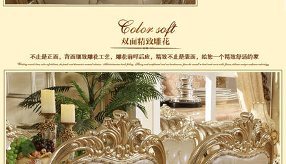 European-style Champagne Gold Dining Table and Chairs with Carvings, 1.6m Tables,  Carved Marble Long Dining Table and Chairs
