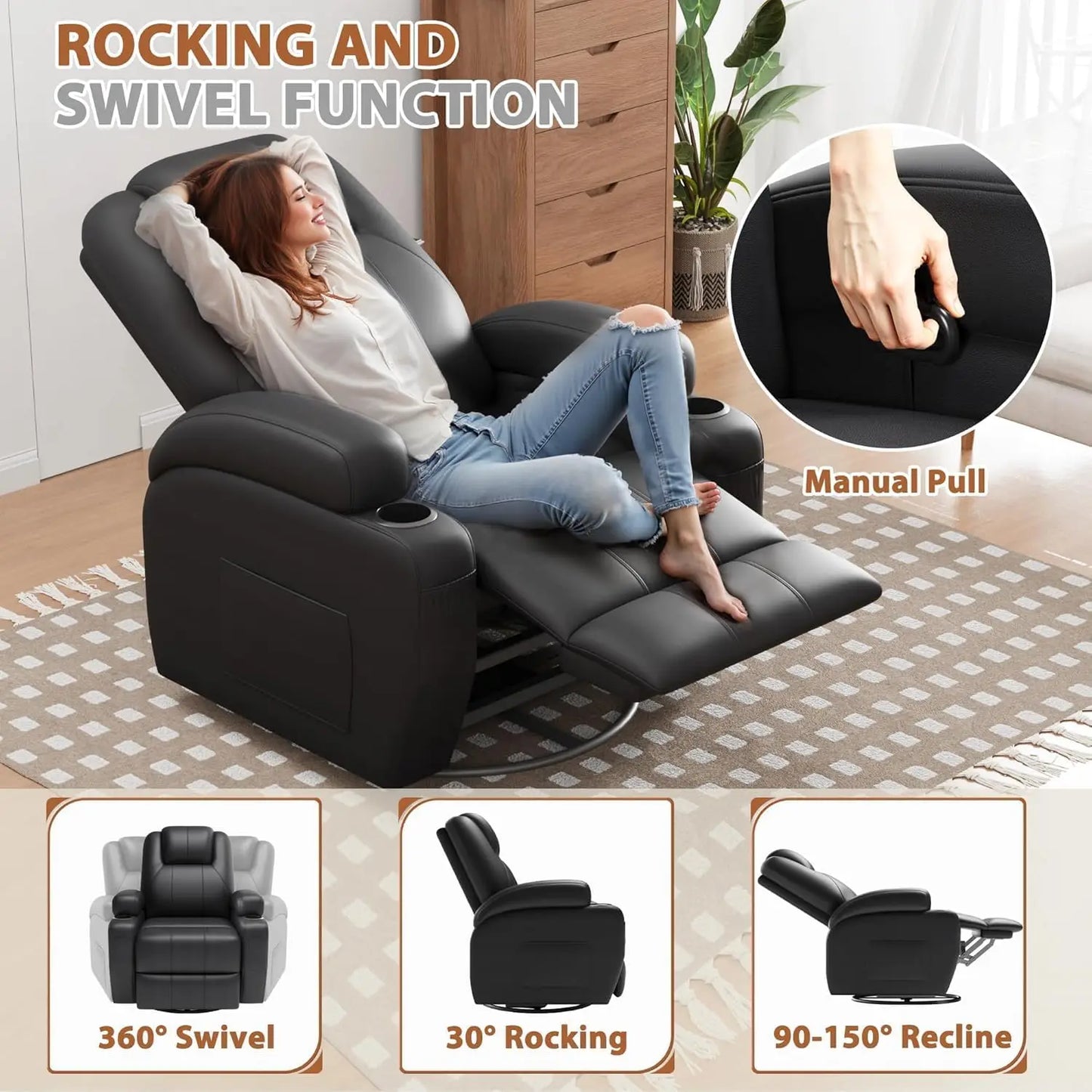 360° Swivel Recliner Chair with Vibration Massage, Ergonomic Lounge Rocker for Adults, Cup Holders & Side Pockets