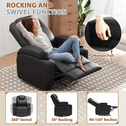 360° Swivel Recliner Chair with Vibration Massage, Ergonomic Lounge Rocker for Adults, Cup Holders & Side Pockets