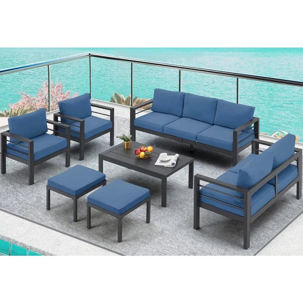 Aluminium modern patio furniture with coffee table, 7-piece outdoor conversation set, dark grey cushions, suitable for balcony