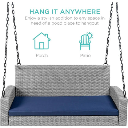 Woven Wicker Outdoor Porch Swing, Hanging Patio Bench for Deck, Garden with Mounting Chains, Seat Cushion - Gr