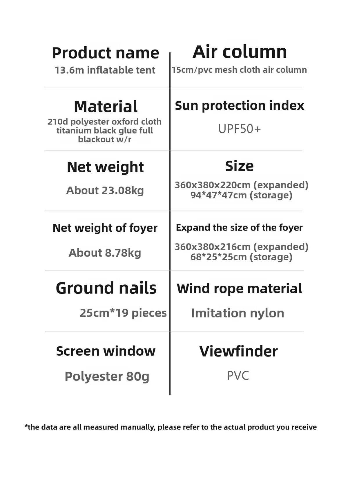 Mountainhiker 13.6㎡ Large Inflatable Tent Outdoor Camping 8-10 Person Tent Rainproof Family Awning Beach Quick Open Fishing Park