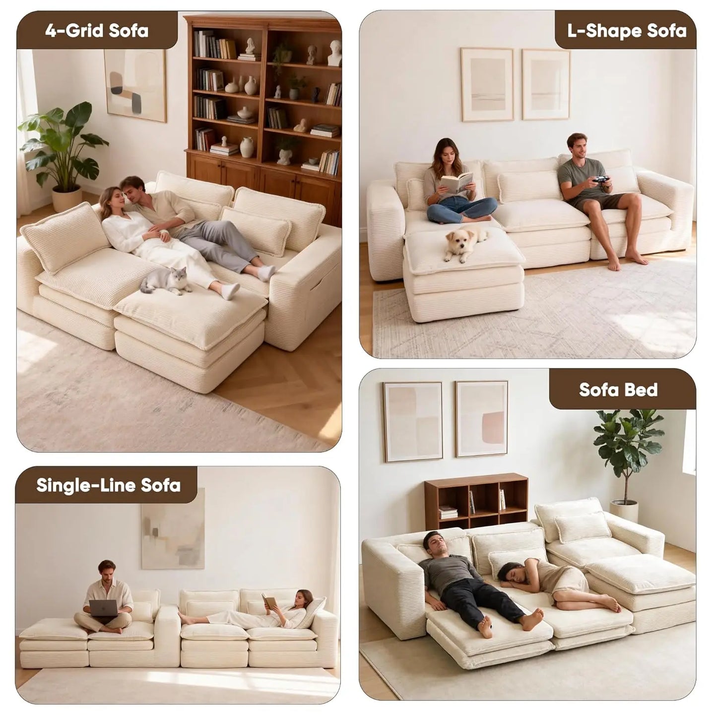 109" L Shape Modular Sectional Sofa with Ottoman, Boneless Couch Three-Layer Deep 3 Seat Convertible Pull Out Sofa, Customized