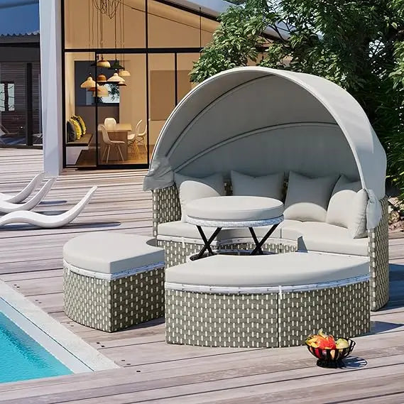 U_STYLE Outdoor Patio Furniture Set Daybed Sunbed with Retractable Canopy Conversation Set Wicker Furniture As same as WY000281