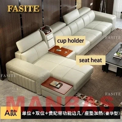 Italian Leather Couch With Heating Seat Cold Fridge Genuine Leather Sofa With Headrests USB, Stools And Storage Easy to clean