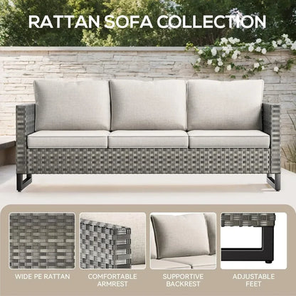 Patio Conversation Set with Fire Pit Table, Grey Resin Wicker Swivel Patio Chairs with Sofa Ottomans Side Table and Fire Table