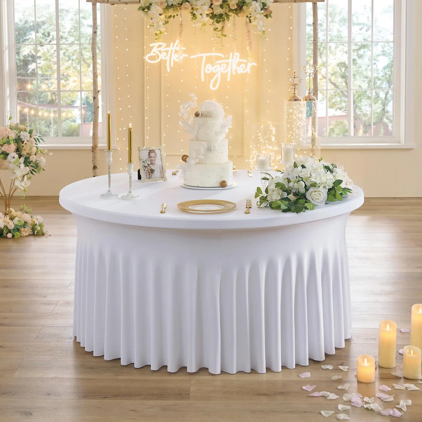5ft 6ft Elastic Ruffled Round Spandex Table Cover,Stretch Skirt Table Cloth for Wedding Party Dinning Banquet Event Hotel