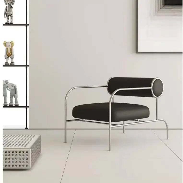 Art Deco Style Chrome & Leather Lounge Chair,Accent Leisure Chair with Geometric Metal Frame,Retro Furniture for Living Room