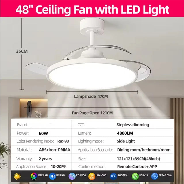 Ultra Thin Ceiling Fan lamps Retractable Fan Blade with Remote Control Fan for Room Bedroom Living Room Led Lighting AC95-260V
