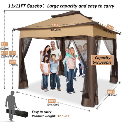 11x11 Pop up Gazebo on Clearance with Mosquito Netting&Sandbags, Outdoor Canopy Tent with 4 Ropes 8 Stakes&Portable Carrying Bag