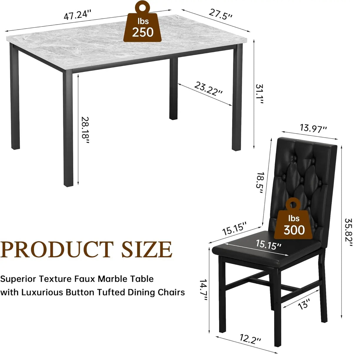 Dining Table Set for 4, Faux Marble Kitchen Table with 4 Button Tufted Chairs (Gray)