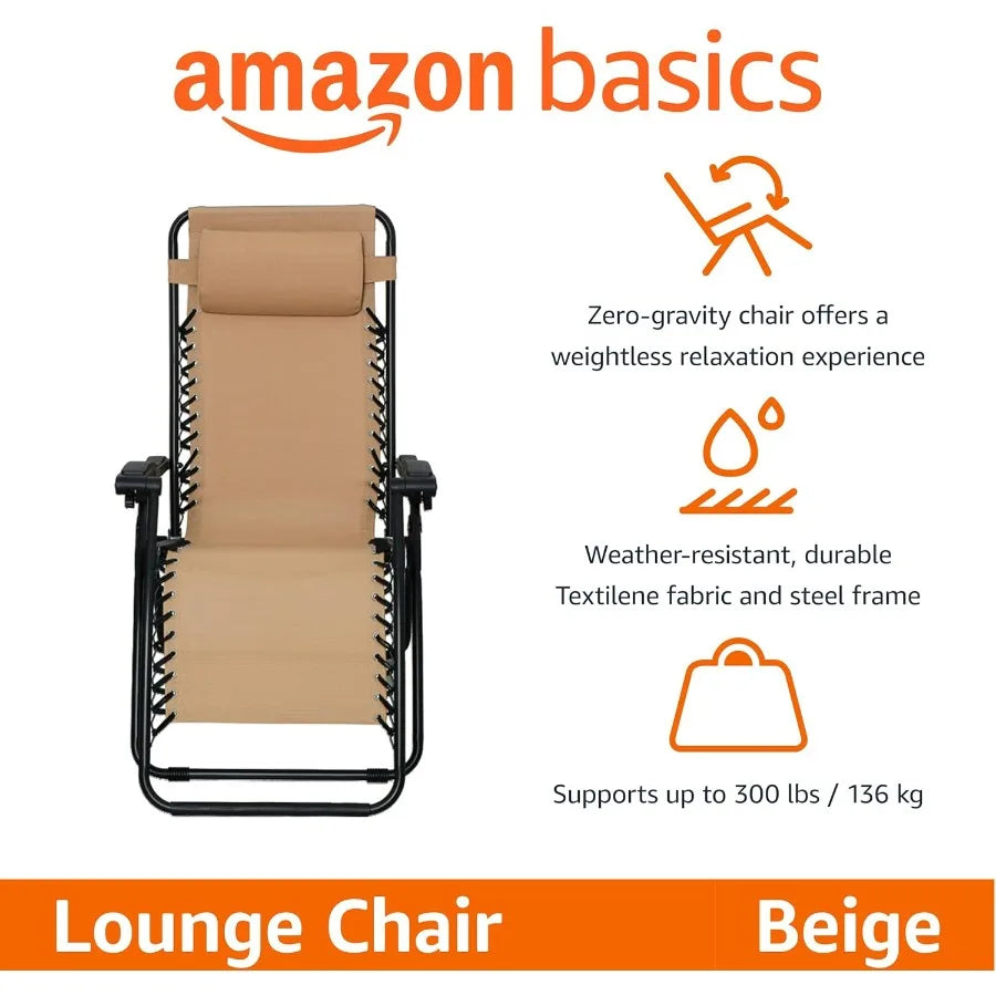 Basics Outdoor Patio Zero Gravity Lounge Chair with Pillow, Folding Reclining and Textilene Adjustable, Folding Lounge 26" Black