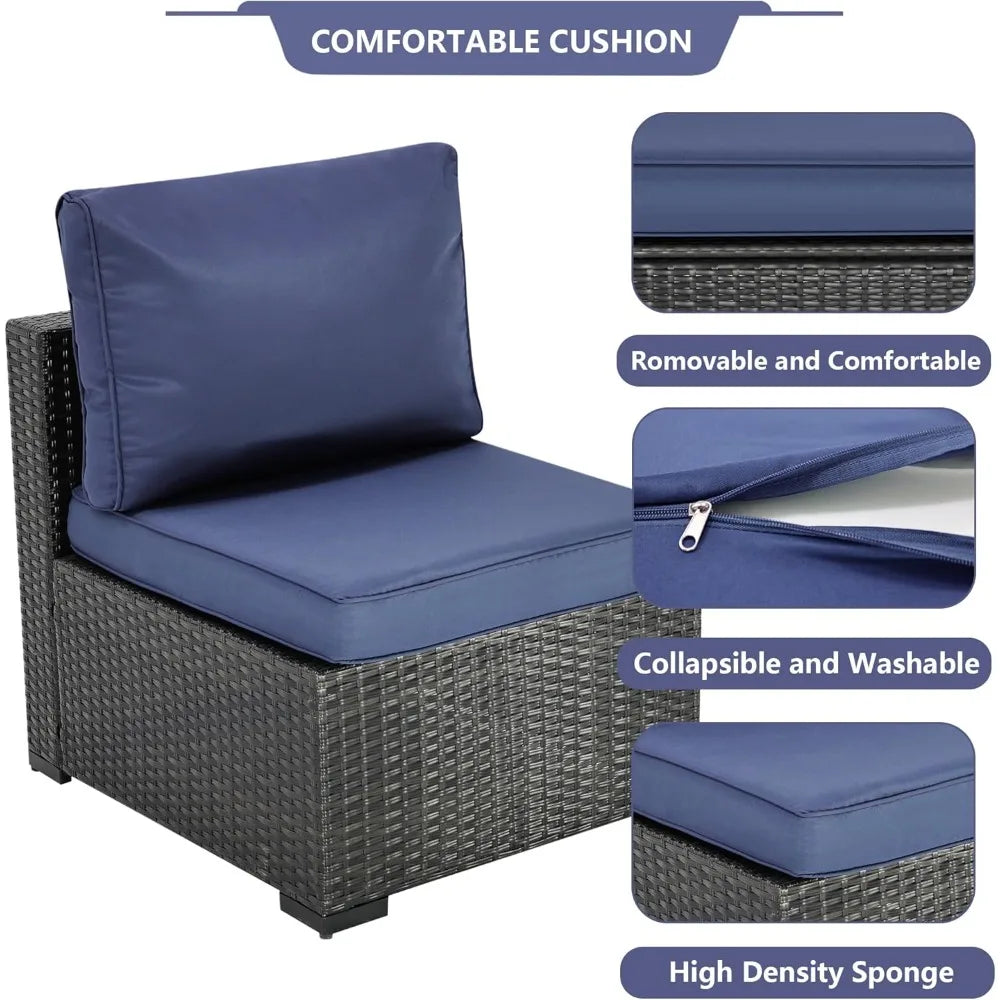 7 Pieces Outdoor Patio Furniture Sets, PE Rattan Wicker Patio Conversation Set with Tea Table (2BLACK/BL, B/ZB)