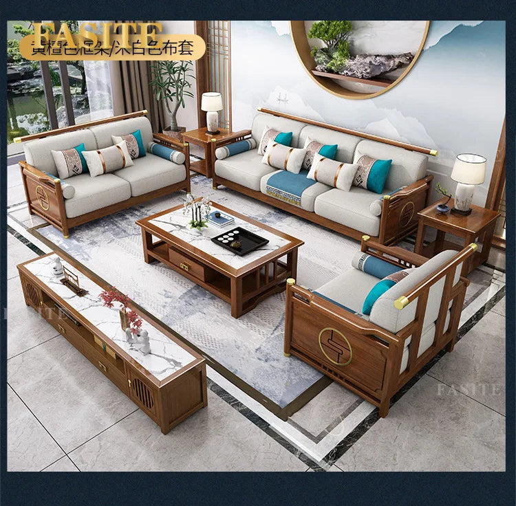 New Chinese-style solid wood sofa combination modern simple Zen Chinese style living room concubine corner wooden light luxury